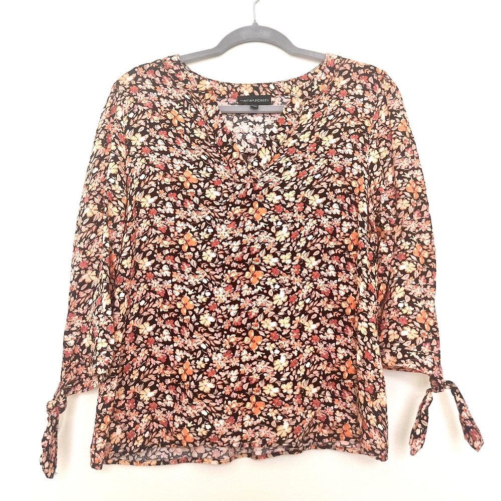 Cynthia Rowley floral three quarter tie sleeve blouse size M
